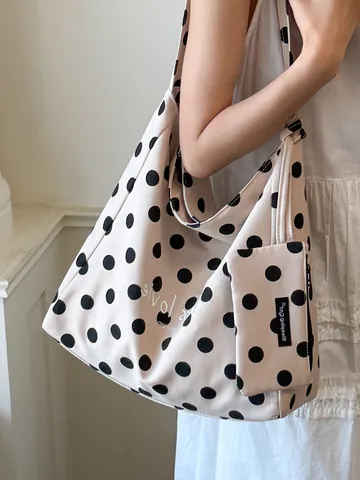 Women Large Capacity Polka Dot Canvas Tote Bag Casual Relaxed Letter Embroidery Shoulder Bag Commuter Shopper Handbag