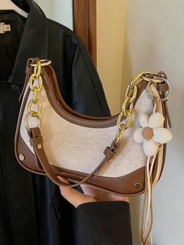 Women Contrast Color Hobo Bag Synthetic Leather Stitching Shoulder Bag With Chain Strap Flower Pendant Fashion Crossbody Bag