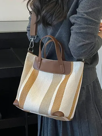 Sac Fourre-tout en Toile Rayée Grande Capacité pour Femmes Sac à Bandoulière Décontracté de Mode Avec Sangle Réglable Sac de Shopping