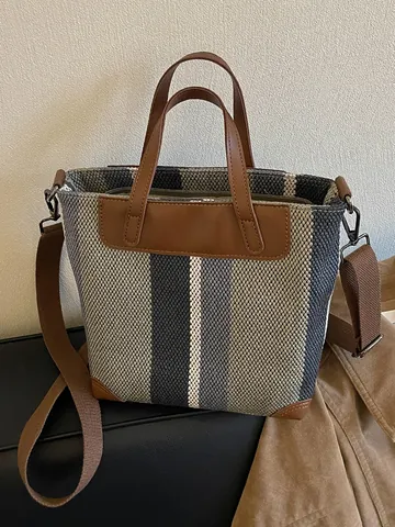 Sac Fourre-tout en Toile Rayée Grande Capacité pour Femmes Sac à Bandoulière Décontracté de Mode Avec Sangle Réglable Sac de Shopping