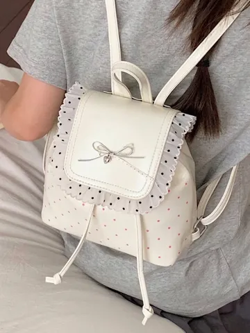 Süßer Koreanischer Stil PU Leder Polka Dot Rucksack Für Damen Spitzenbesatz Mädchenhafter Stil Kleiner Rucksack Mit Schleife Täglich Schultasche