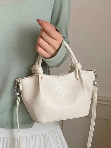 Elegant Pleated PU Leather Bucket Bag For Women Crossbody Shoulder Bag With Pearl Bow Tulip Pendant Fashion Commuting Handbag