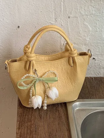 Elegant Pleated PU Leather Bucket Bag For Women Crossbody Shoulder Bag With Pearl Bow Tulip Pendant Fashion Commuting Handbag