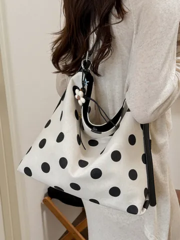 Bolso Tote de Lona de Gran Capacidad para Mujer Retro Lunares Negros Color de Contraste Bolso de Hombro Casual con Amuleto Floral