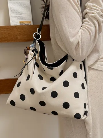 Bolso Tote de Lona de Gran Capacidad para Mujer Retro Lunares Negros Color de Contraste Bolso de Hombro Casual con Amuleto Floral