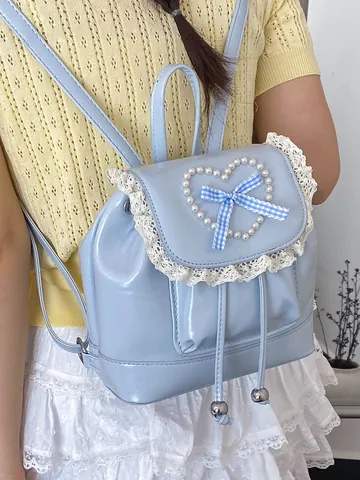 Damen Vintage Mini Rucksack Spitze Herz Künstliche Perle Schleife PU Leder Kleine Schultasche Mode Pendeln Rucksack Mädchen