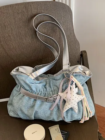 Women Large Capacity Pleated Denim Tote Bag Fashion Shiny Rhinestone Shoulder Bag With Star Pendant For Commuting Casual