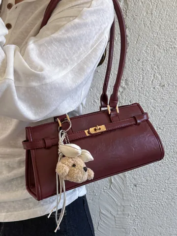 Koreaanse Stijl Eenvoudige PU-Leren Onderarm Tote Bag Grote Capaciteit Woon-werk Schoudertas Met Gouden Slot Pluche Bedeltje Voor Vrouwen Retro