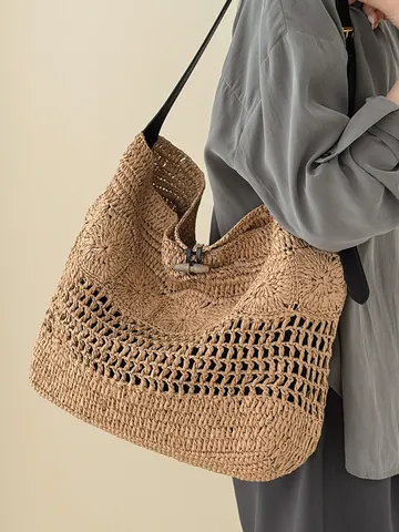 Sac Fourre-tout en Paille Tissé Ajouré pour Femme Grande Capacité Sac à Bandoulière de Plage Tissé à la Main Mode Été