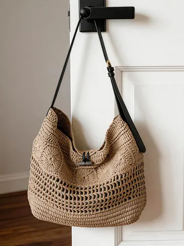 Sac Fourre-tout en Paille Tissé Ajouré pour Femme Grande Capacité Sac à Bandoulière de Plage Tissé à la Main Mode Été