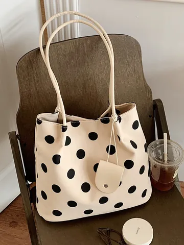 Bolso Tote de Lona con Lunares Vintage para Mujer Bolso de Hombro de Gran Capacidad con Mini Estuche Desmontable Bolso de Mano de Moda Casual