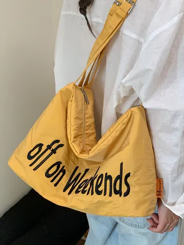 Large Capacity Nylon Tote Bag For Women Casual Lightweight Crossbody Shoulder Bag With Weekends Embroidery Zip Closure