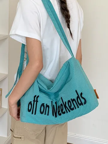 Large Capacity Nylon Tote Bag For Women Casual Lightweight Crossbody Shoulder Bag With Weekends Embroidery Zip Closure