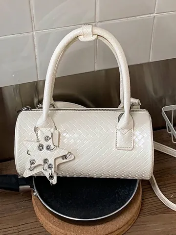 Women Woven PU Leather Pillow Bag Niche Design Fashion Versatile Barrel Crossbody Bag Small Handbag With Star Charm