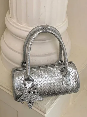 Women Woven PU Leather Pillow Bag Niche Design Fashion Versatile Barrel Crossbody Bag Small Handbag With Star Charm
