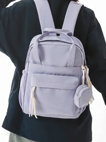 Women Fashion Nylon Backpack Lightweight Casual School Bookbag With Round Mini Pouch Pendant For Travel Office Daily