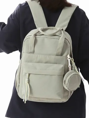 Women Fashion Nylon Backpack Lightweight Casual School Bookbag With Round Mini Pouch Pendant For Travel Office Daily