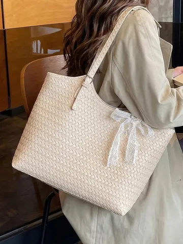 Grand Sac Cabas Femme en Cuir PU Tressé Mode Nœud en Dentelle et Perle Sac à Main de Navettage Sac à Épaule Polyvalent