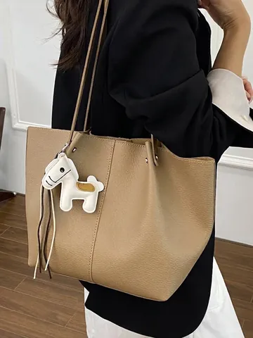 Damen High-end Pendler Tragetasche Große Kapazität Lychee-Struktur PU Leder Umhängetasche Mit Pferdeanhänger Und Innentasche