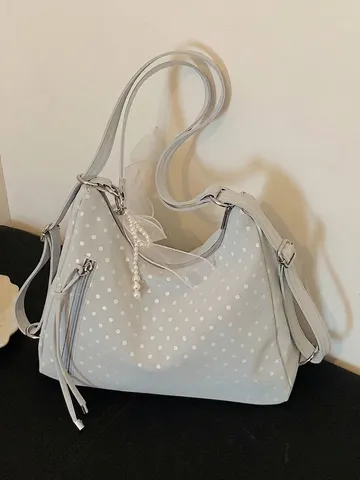 Women Large Capacity Polka Dot PU Leather Tote Bag Fashion Shoulder Crossbody Bag Multi-Way Backpack With Pearl Lace Bow Pendant