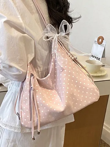Women Large Capacity Polka Dot PU Leather Tote Bag Fashion Shoulder Crossbody Bag Multi-Way Backpack With Pearl Lace Bow Pendant