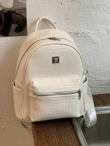 Woven PU Leather Backpack For Women Large Capacity Urban Minimalist Fashion Commuter Travel Small School Bag With Duck Charm