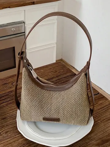 Women Vintage Straw Woven Underarm Dumpling Bag Summer Beach Fashion Handbag Casual Boho Style Single Shoulder Bag