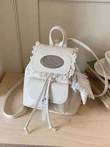 Women Vintage Mini Backpack Retro Sweet Lace Trim PU Leather Small Rucksack Drawstring School Bag With Star Pendant Girls Daily
