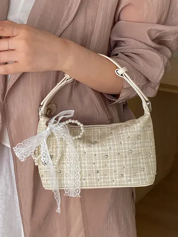 PU Leather Plaid Dumpling Bag For Women Shoulder Crossbody Handbag With Lace Bow Artificial Pearl Pendant Rhinestone Small Tote