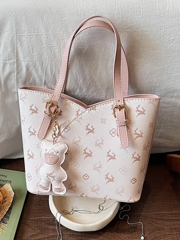 Women High-End Monogram Bucket Bag Sophisticated Deer Print PU Leather Handbag Summer Shoulder Crossbody Tote Bag With Bear Charm