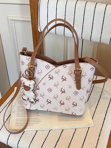 Women High-End Monogram Bucket Bag Sophisticated Deer Print PU Leather Handbag Summer Shoulder Crossbody Tote Bag With Bear Charm