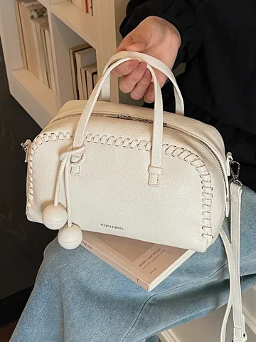 Women Fashion PU Leather Boston Bag High Quality Litchi Pattern Pillow Bag Urban Chic Woven Detail Handbag With Ball Charm