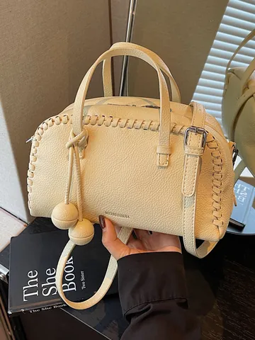 Women Fashion PU Leather Boston Bag High Quality Litchi Pattern Pillow Bag Urban Chic Woven Detail Handbag With Ball Charm