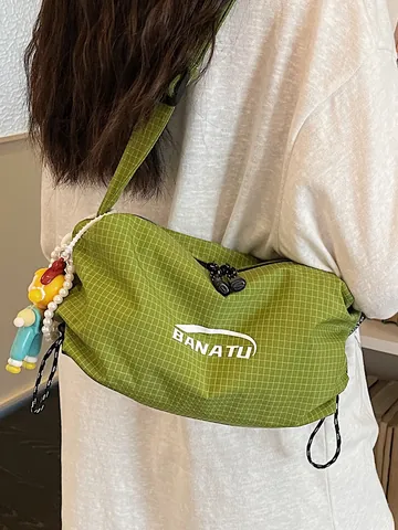 Women Fashion Grid Pattern Canvas Shoulder Bag Casual Commute Underarm Bag With Cute Cartoon Doll Pearl Pendant Crossbody Bag
