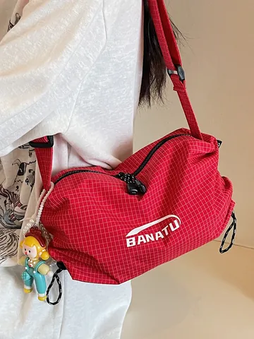 Women Fashion Grid Pattern Canvas Shoulder Bag Casual Commute Underarm Bag With Cute Cartoon Doll Pearl Pendant Crossbody Bag