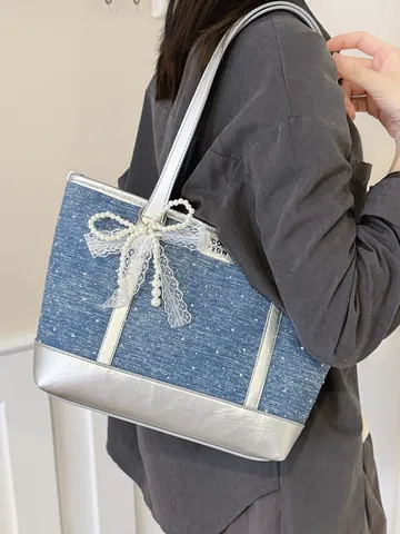 Large Capacity Denim Tote Bag For Women Patchwork Synthetic Leather Shoulder Bag With Artificial Pearl Lace Bow Decor Elegant Commuting Handbag
