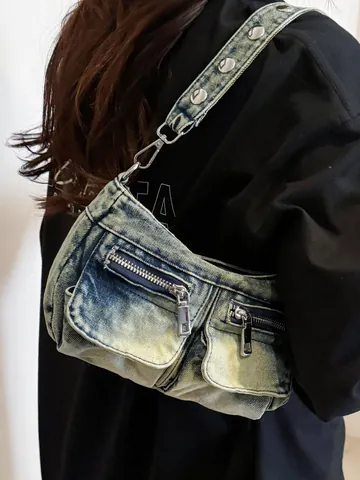 Vintage Gewassen Denim Crossbodytas Voor Dames Retro Y2K Kleine Vierkante Tas Metalen Klinknagels Verstelbare Band Casual Tas