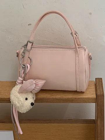 Fashionable PU Leather Cylinder Pillow Bag For Women Exquisite Versatile Single Shoulder Crossbody Bag With Plush Pendant