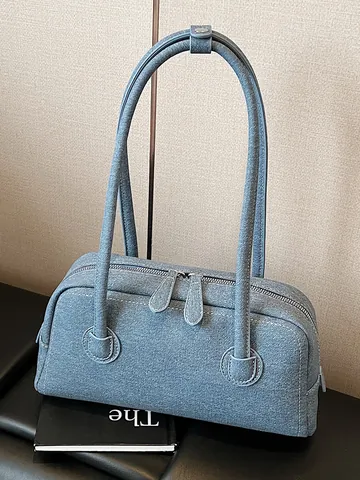 Women Denim Pillow Boston Bag Large Capacity Underarm Shoulder Bag Fashion Urban Minimalist Handbag Jean Fabric Zipper Tote Bag