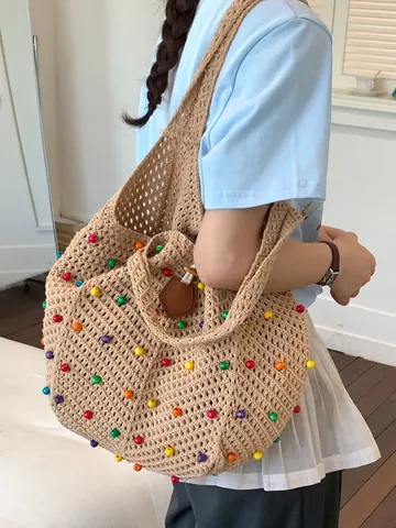 Sac De Plage Tissé Ajouré De Grande Capacité Pour Femmes Sac Fourre-Tout Au Crochet En Coton Avec Perles Colorées Sac De Shopping