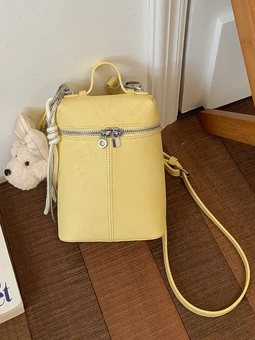 Women PU Leather Mini Bucket Bag Korean Style Minimalist Crossbody Phone Bag With Plush Teddy Bear Pendant Handbag Daily Shoulder Bag