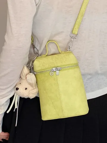 Women PU Leather Mini Bucket Bag Korean Style Minimalist Crossbody Phone Bag With Plush Teddy Bear Pendant Handbag Daily Shoulder Bag