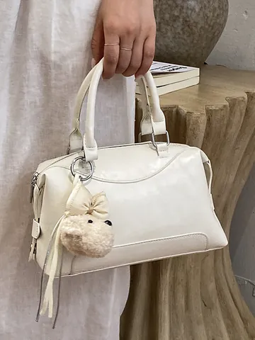Trendy Elegant Boston Bag PU Leather Pillow Shape Handbag Versatile Crossbody Bag With Plush Charm Commuter Small Tote For Women