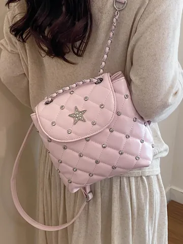 Sac à Dos Matelassé de Mode avec Étoile et Chaîne Mini Sac à Dos en Cuir Synthétique Strass pour Femmes Sac à Bandoulière Casual Urbain