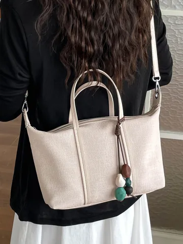 Women Large Capacity Canvas Crossbody Bag Urban Simple Versatile Tote Shoulder Bag For College School Commute With Pendant