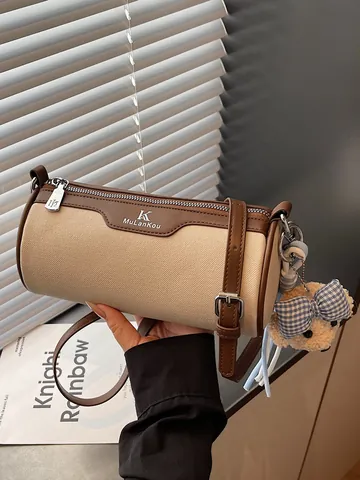MuLanKou Women Fashion Cylinder Crossbody Bag PU Leather Contrast Color Shoulder Bag With Bear Charm Adjustable Strap Zip Handbag