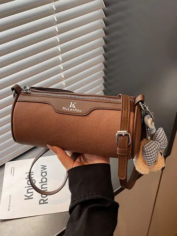 MuLanKou Women Fashion Cylinder Crossbody Bag PU Leather Contrast Color Shoulder Bag With Bear Charm Adjustable Strap Zip Handbag