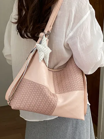 Women Fashion Woven Patchwork PU Leather Bag Large Capacity Commute Travel Backpack Tote Shoulder Crossbody Star Charm Bag