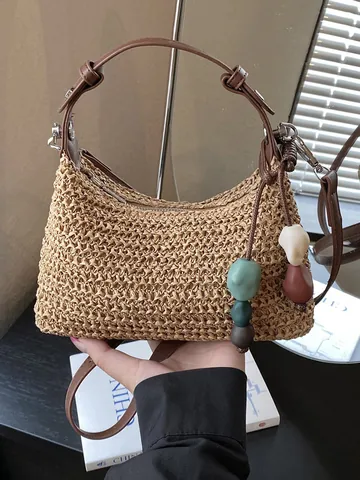 Women Summer Rainbow Woven Straw Shoulder Bag Bohemian Beach Vacation Handmade Crossbody Hobo Bag With Colorful Beads Pendant