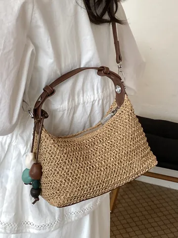 Women Summer Rainbow Woven Straw Shoulder Bag Bohemian Beach Vacation Handmade Crossbody Hobo Bag With Colorful Beads Pendant